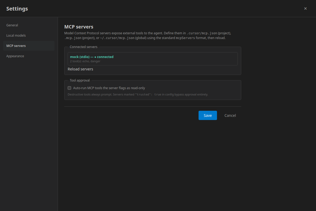 Tool permissions for a connected MCP server in Copse settings