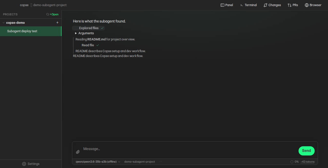 A nested Copse agent expanded inside the conversation record