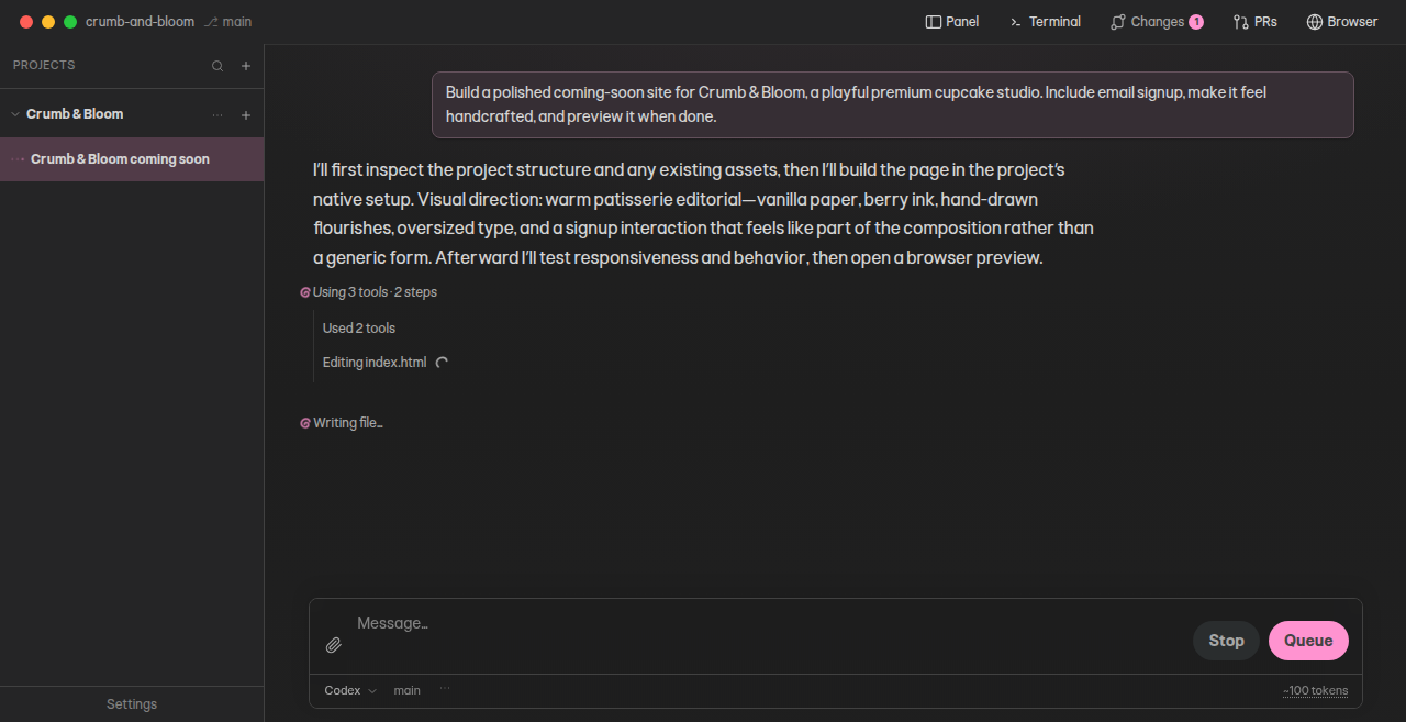 Copse explaining its plan while its tool activity streams in below: tools used, the file being edited, and a file being written